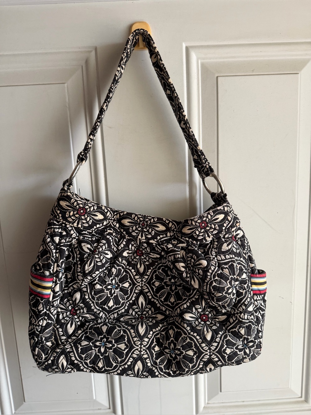 Vera Bradley Black  and White Patterned shoulder Bag with Multicolor Stripe
